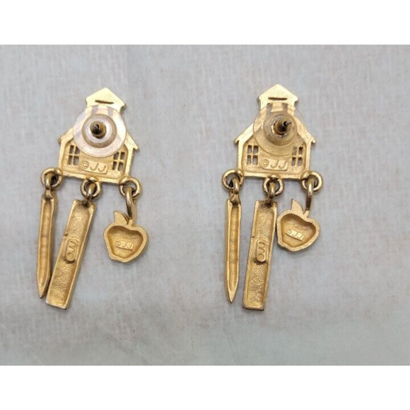 JJ Jonette Shiny Gold School House Hanging Charms Brooch x2 2"H x 1"W - Picture 3 of 3